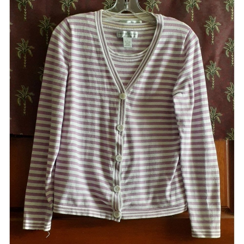 Vintage Sutton Studio Sweater Set Lilac Stripe Cardigan and Tank Top L